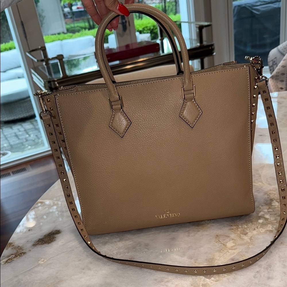 Valentino Tan Satchel with Structured Design and Metallic Accents